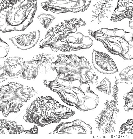 Seafood seamless pattern with oyster, lemon slice, rosemary and ice cubes - sketch vector illustration on white. 87488375