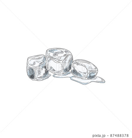Melting ice cubes pile in hand drawn sketch style, vector illustration isolated on white background. 87488378