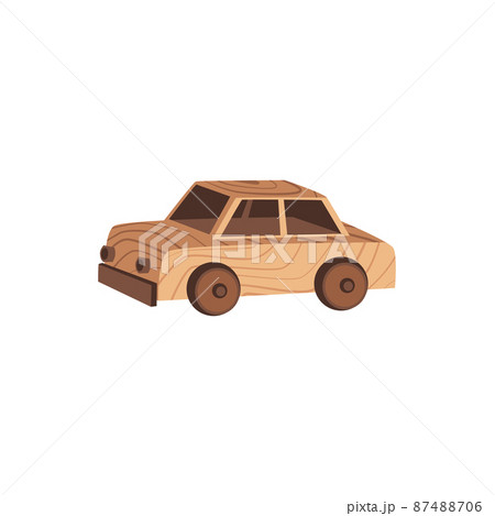Childish wooden toy in shape of car, cartoon flat vector illustration isolated on white background. 87488706