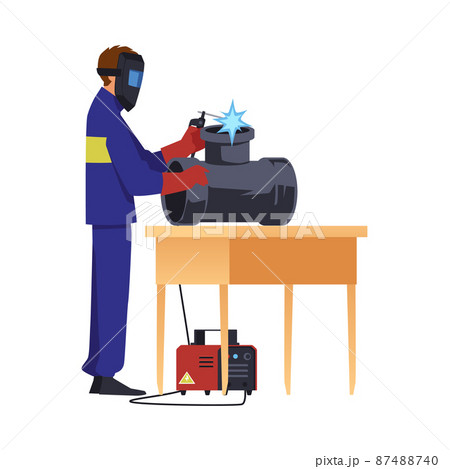 Welder welding metal pipe construction, flat vector illustration isolated. 87488740