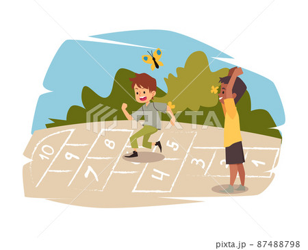 Boys friends playing hopscotch outdoors flat vector illustration isolated. 87488798