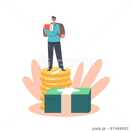 Savings or Loan for Education. Tiny Student Male Character with Backpack and Books Stand on Huge Pile of Coins or Bills 87488992