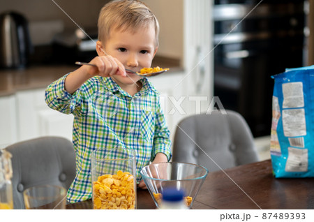 Little boy examining ingredients for his oatmea Little boy examining ingredients for his oatmea 87489393