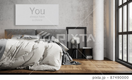 mock up poster frame in modern interior background, bedroom, Boho - Scandinavian style, 3D render, 3D illustration 87490000