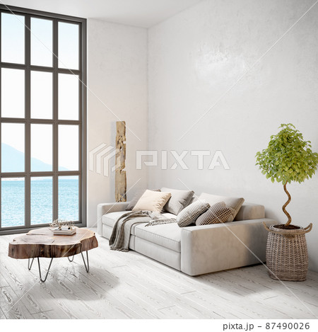 Modern beautiful interior with a white wall, carpet and a stylish sofa. Light Scandinavian design. 3D rendering 87490026