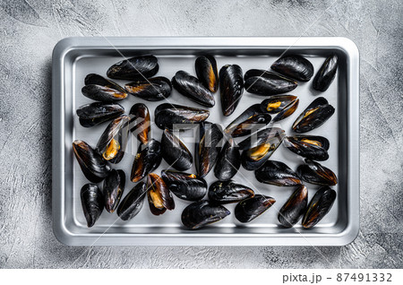 Seafood fresh blue mussels in kitchen steel tray. White background. Top view 87491332