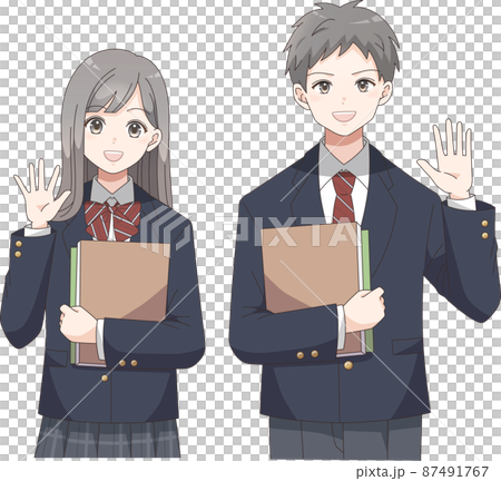 Student waving with a booklet Men's and women's blazer clothes check 87491767