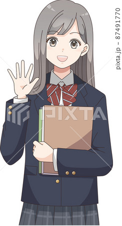 冊子を持って手を振る女子学生　ブレザー服リボン 87491770