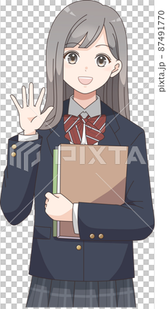 冊子を持って手を振る女子学生　ブレザー服リボン 87491770