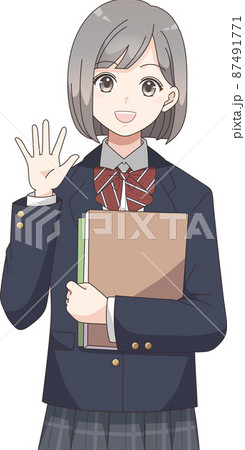 冊子を持って手を振る女子学生　ブレザー服リボン 87491771