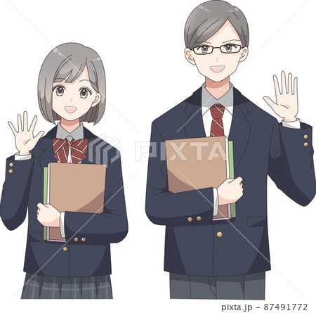 冊子を持って手を振る学生　男女　ブレザー服チェック 87491772