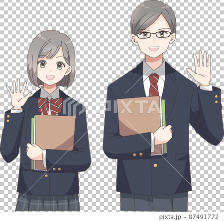 冊子を持って手を振る学生　男女　ブレザー服チェック 87491772
