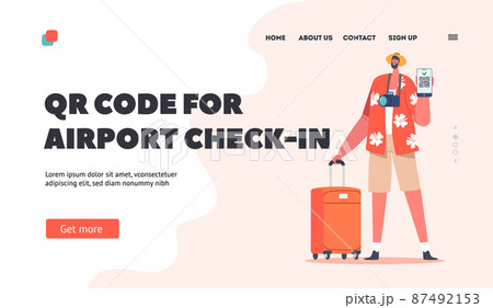 Vaccine Passport for Airport Check-in Landing Page Template. Traveler Man with Suitcase Show Qr Code of Vaccination 87492153