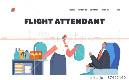 Flight Attendant Landing Page Template. Airline Service, Stewardess Offer Drinks on Trolley for Businessman on Chair Flight Attendant Landing Page Template. Airline Service, Stewardess Offer Drinks on Trolley for Businessman on Chair 87492160