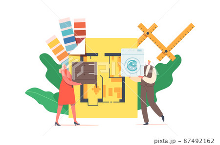 Tiny Male and Female Characters Holding Dresser and Washing Machine at Huge Apartment Layout with Room Plan, Designer 87492162