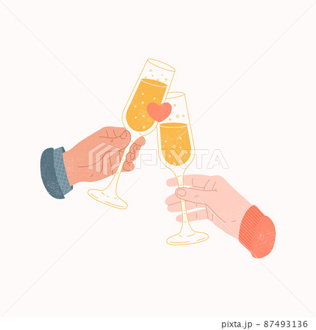 Women and men hands toasting with champagne glasses. Couple anniversary celebration textured vintage illustration. Women and men hands toasting with champagne glasses. Couple anniversary celebration textured vintage illustration. 87493136