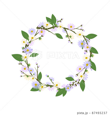 Daisy wreath. Round frame, cute purple and white flowers chamomile with yellow hearts. Festive decorations for wedding, holiday, postcard, poster and design. Vector flat illustration 87493237