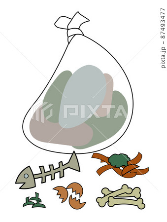 ゴミ袋と、生ごみのイラストセット（ゴミ出しや廃棄物系バイオマスのイメージに） 87493477