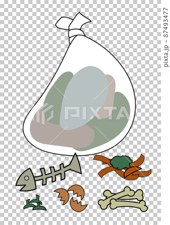 ゴミ袋と、生ごみのイラストセット（ゴミ出しや廃棄物系バイオマスのイメージに） 87493477