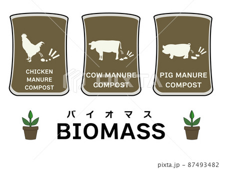 ラフなタッチの鶏糞・牛糞・豚糞堆肥のイラストセット（有機栽培やバイオマス原料のイメージに） 87493482