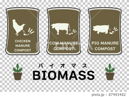 ラフなタッチの鶏糞・牛糞・豚糞堆肥のイラストセット（有機栽培やバイオマス原料のイメージに） 87493482