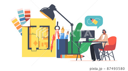 Digital Art Sketching, Drawing Artwork Concept. Creative Graphic Designer Female Character Create Design of Apartment 87493580