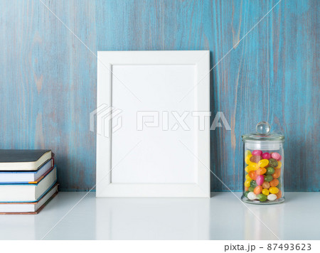 mock up frame on blue wooden wall mock up frame on blue wooden wall 87493623