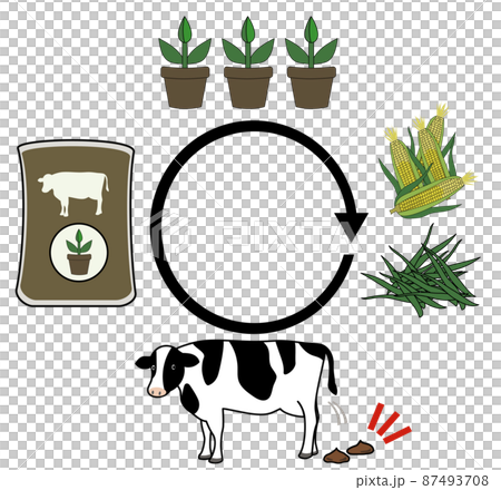 用粗略的觸感想像飼料的流動、牛糞堆肥的植物栽培的插圖集（帶字符空間） 87493708