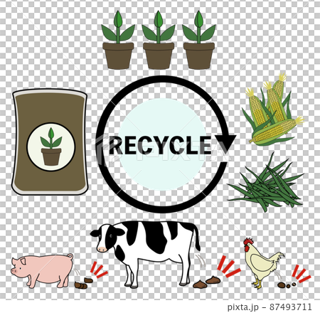 Illustration set that imagines the flow of feed, plant cultivation from cow dung, pig dung, chicken dung compost with a rough touch Illustration set that imagines the flow of feed, plant cultivation from cow dung, pig dung, chicken dung compost with a rough touch 87493711