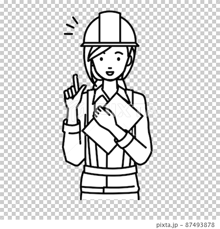 A woman at a construction site who stood up and held a document in her hand A woman at a construction site who stood up and held a document in her hand 87493878
