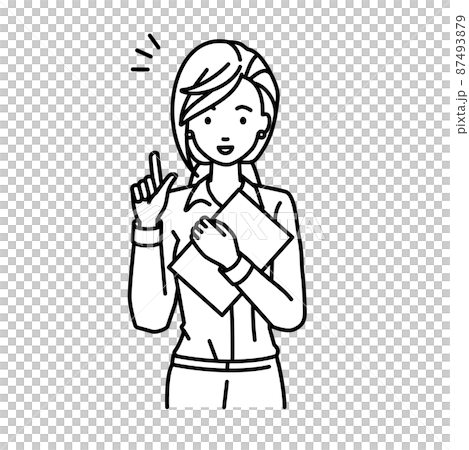 A woman in a blouse who stood up and held a document in her hand 87493879