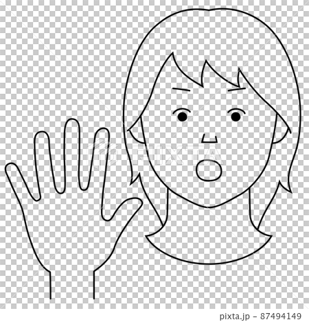 Illustration of a woman with one hand sticking out to indicate "NO" (white background, vector, line drawing, clipping) 87494149