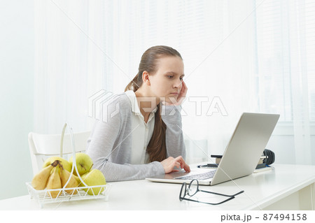 Distance education for students. Quarantine, self-isolation, sociophobia. Young girl listens 87494158