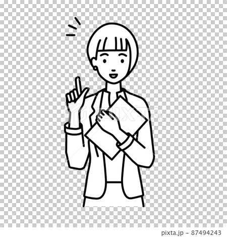 A woman in a jacket standing up and holding a document in her hand A woman in a jacket standing up and holding a document in her hand 87494243
