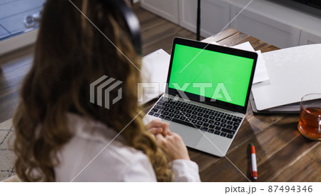 Young business woman with her laptop - green screen display 87494346