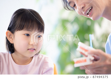 歯医者　歯磨き指導を受ける女の子 87494375