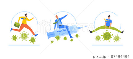 Businessmen Characters Vaulting Over Coronavirus Cells, Pass Financial Problem, Confident Leader Riding Syringe Businessmen Characters Vaulting Over Coronavirus Cells, Pass Financial Problem, Confident Leader Riding Syringe 87494494