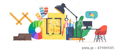 Graphic Designer Creative Studio Interior with Huge Home Plan with Room Layout, Computer Pc on Desk, Color Palette, Lamp 87494505