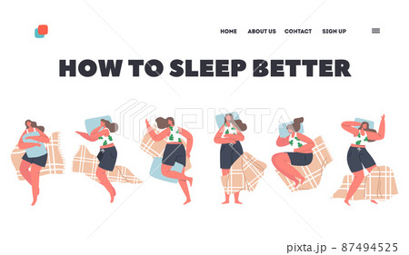 How to Sleep Better Landing Page Template. Female Sleeping Poses, Girl Lying in Bed in Various Comfortable Positions 87494525