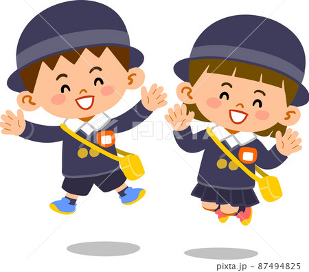 ジャンプする笑顔の幼稚園児の男の子と女の子のイラストのイラスト素材