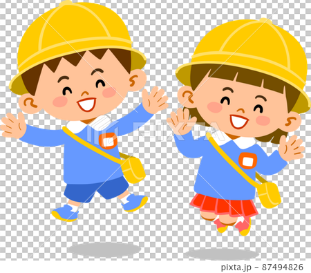 ジャンプする笑顔の幼稚園児の男の子と女の子のイラストのイラスト素材 ジャンプする笑顔の幼稚園児の男の子と女の子のイラストのイラスト素材