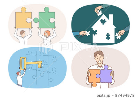 Set of happy businesspeople connect jigsaw puzzles  87494978