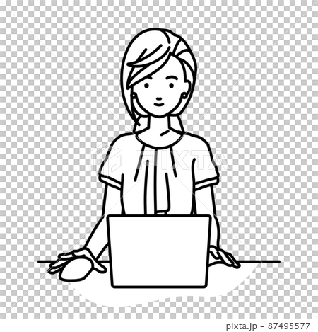 Office casual woman sitting at a desk and using a PC Office casual woman sitting at a desk and using a PC 87495577