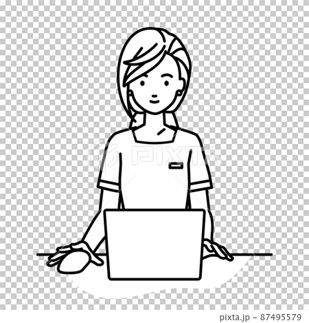 一位坐在辦公桌前使用 PC 的女性美容院店員、接待員和服務員 87495579