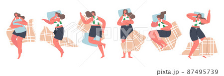 Female Character Sleeping Poses, Girl Lying in Bed in Various Comfortable Positions Top View. Woman Bedtime, Nighttime 87495739