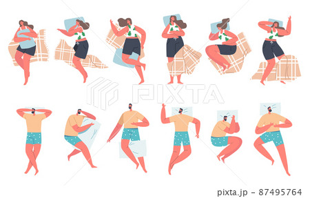 Set of Men and Women Sleeping Poses, People Lying in Bed Top View. Nighttime Relaxation, Characters Wear Pajama Sleep 87495764