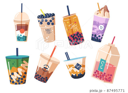 Set Green or Black Tea and Coffee with Bubbles. Cold Drink Splashing in Takeaway Plastic or Glass Cup with Lid and Straw Set Green or Black Tea and Coffee with Bubbles. Cold Drink Splashing in Takeaway Plastic or Glass Cup with Lid and Straw 87495771
