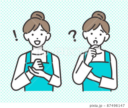 疑問に思ったり解決するエプロンを付けた主婦(保育士、家事代行)のベクターイラスト素材／家事／セット 87496147