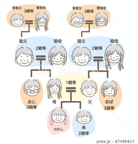 イラスト素材｜相続関係図 家系図の手描きイラスト パステルカラー テキストあり 3親等のイラスト素材 [87496827] - PIXTA