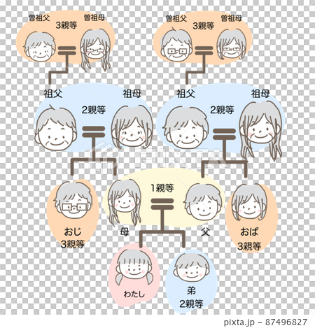 イラスト素材｜相続関係図 家系図の手描きイラスト パステルカラー テキストあり 3親等 87496827